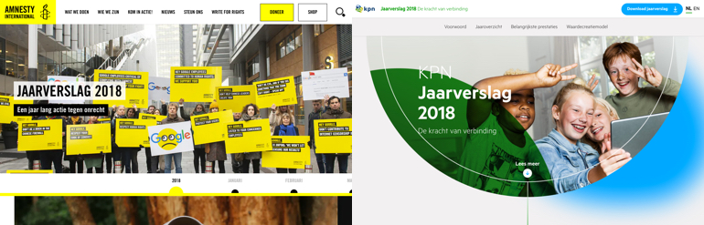 Jaarverslagen van Amnesty International (links) en KPN (rechts).