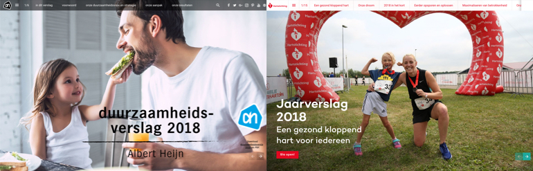 Duurzaamheidsverslag van Albert Heijn (links) en Jaarverslag Hartstichting (rechts).