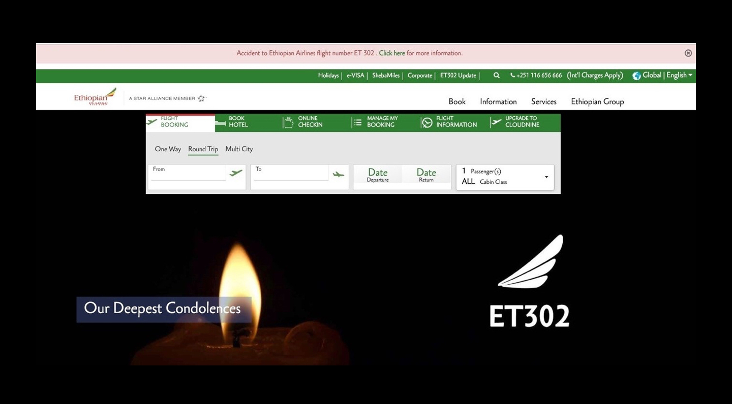 Homepage van Ethiopian Air ten tijde van de crash in maart 2019: communicatie naar nabestaanden van de vliegramp en de functionaliteit voor het boeken van een vlucht gaan pijnlijk slecht samen.